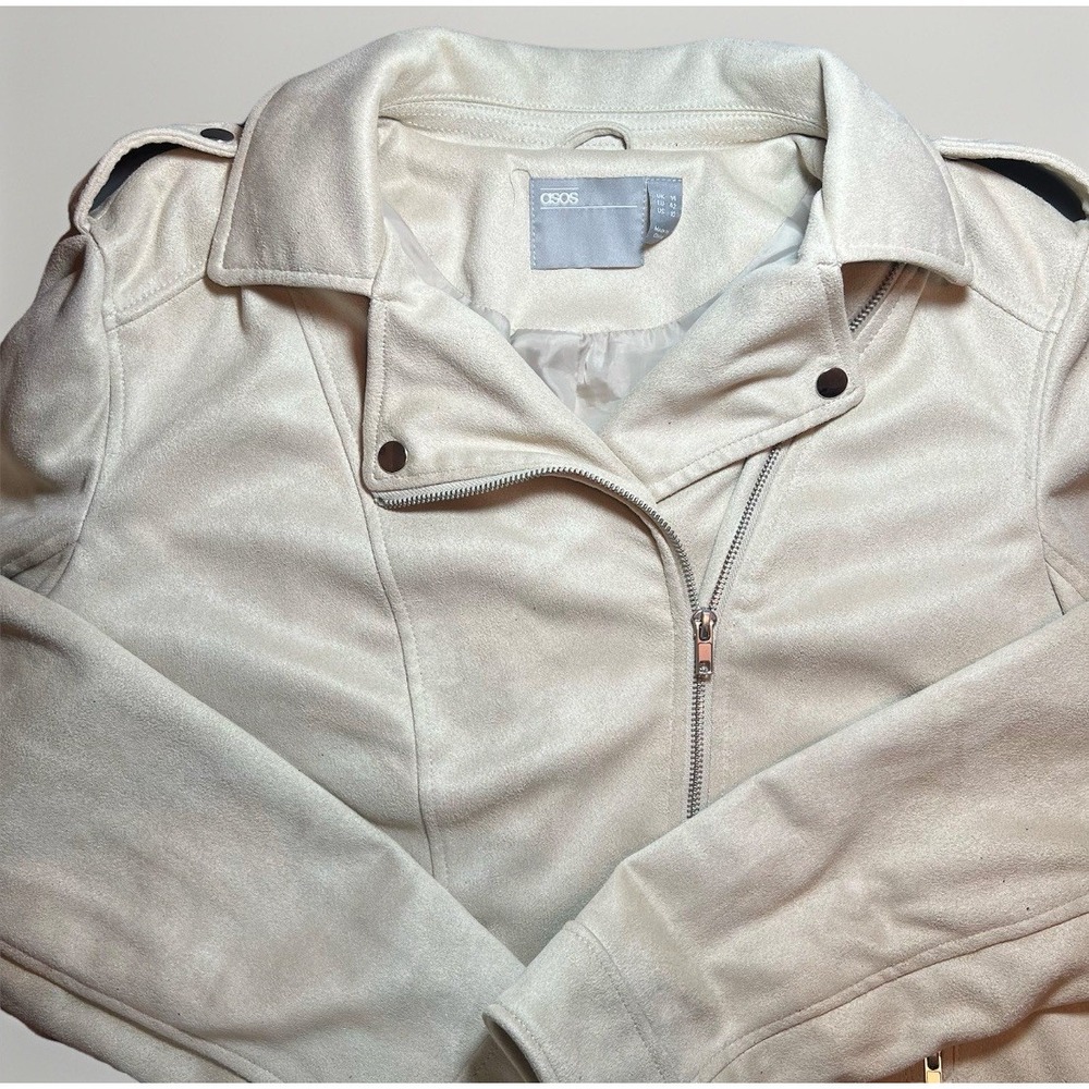Asos Moto Jacket Womens Size US 10 Faux‎ Suede Beige Full Zip Asymmetrical